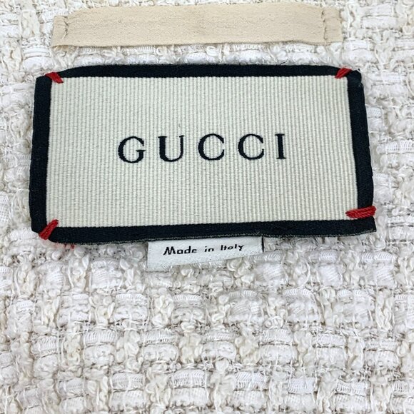 Gucci Beige Red & Navy Striped Tweed V-Neck Coat Pearl Clasp Detailing Cotton Bl - Picture 2 of 7